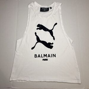 BALMAIN x PUMA White Cotton Tank Top with Black Puma Logo Size Medium EUC
